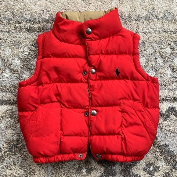 Kids Polo RL Red Khaki Reversible Puffer Vest 2T